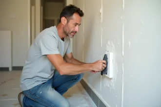 Homme appliquant une pâte de lissage sur un mur intérieur irrégulier avec une spatule large lors d'une rénovation