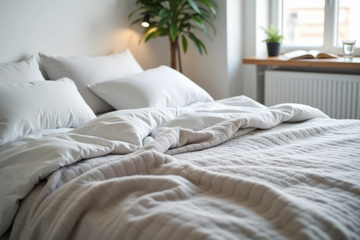 Lit soigneusement fait avec des draps propres et une housse de couette texturée dans une chambre de style scandinave minimaliste