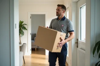 Livreur transportant un meuble en carton à l'entrée d'un appartement moderne lors d'une livraison à domicile