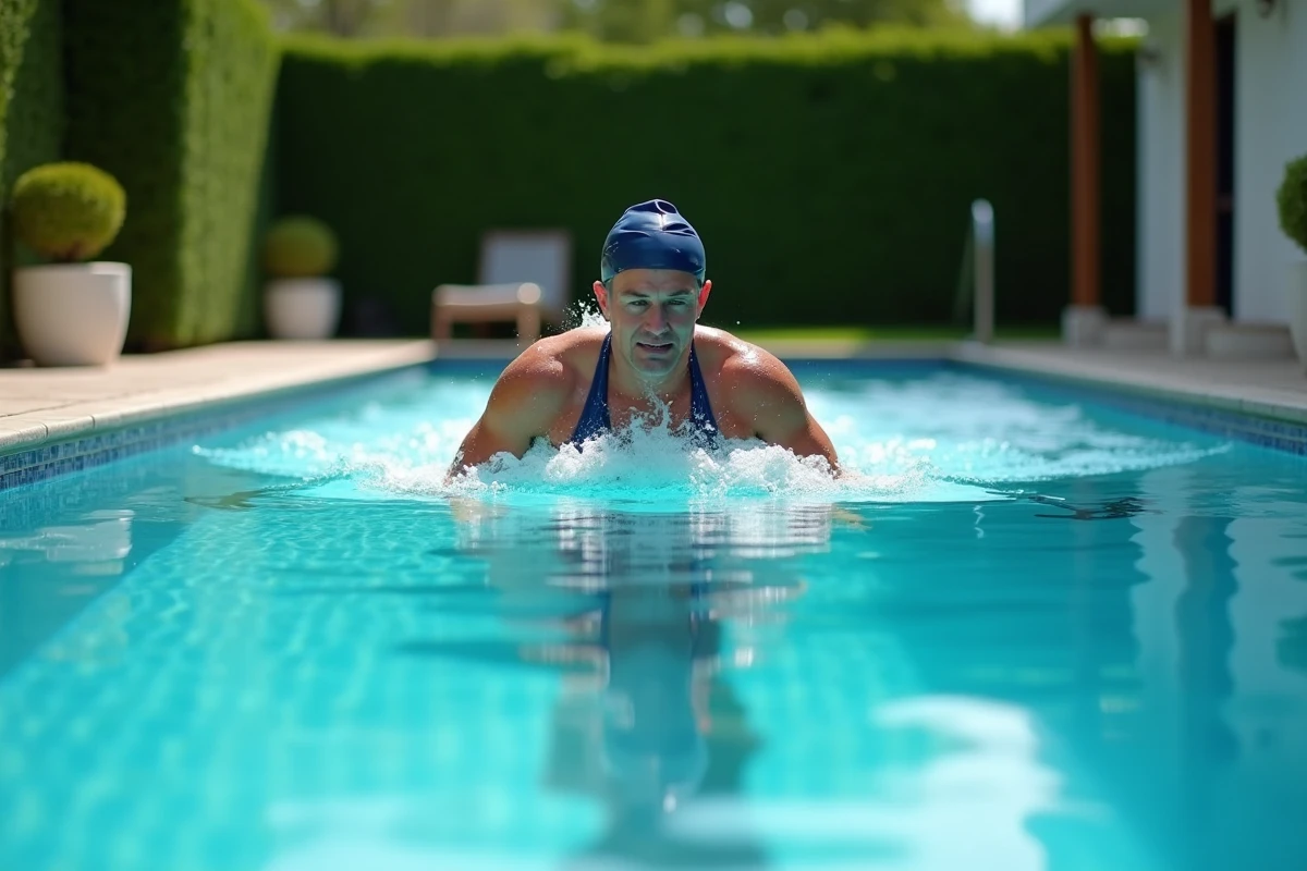 Homme nageant en longueur dans une piscine privée de 10 mètres avec des carreaux bleus et blancs dans un jardin suburban