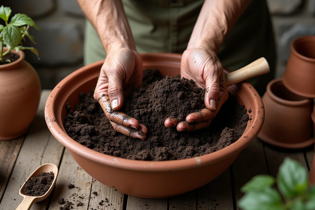 Mains en gros plan mélangeant du compost maison dans un bol en céramique sur un établi de jardin en bois