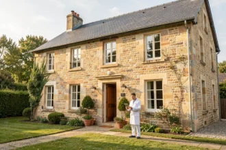 Maison individuelle avec un diagnostiqueur à l'entrée