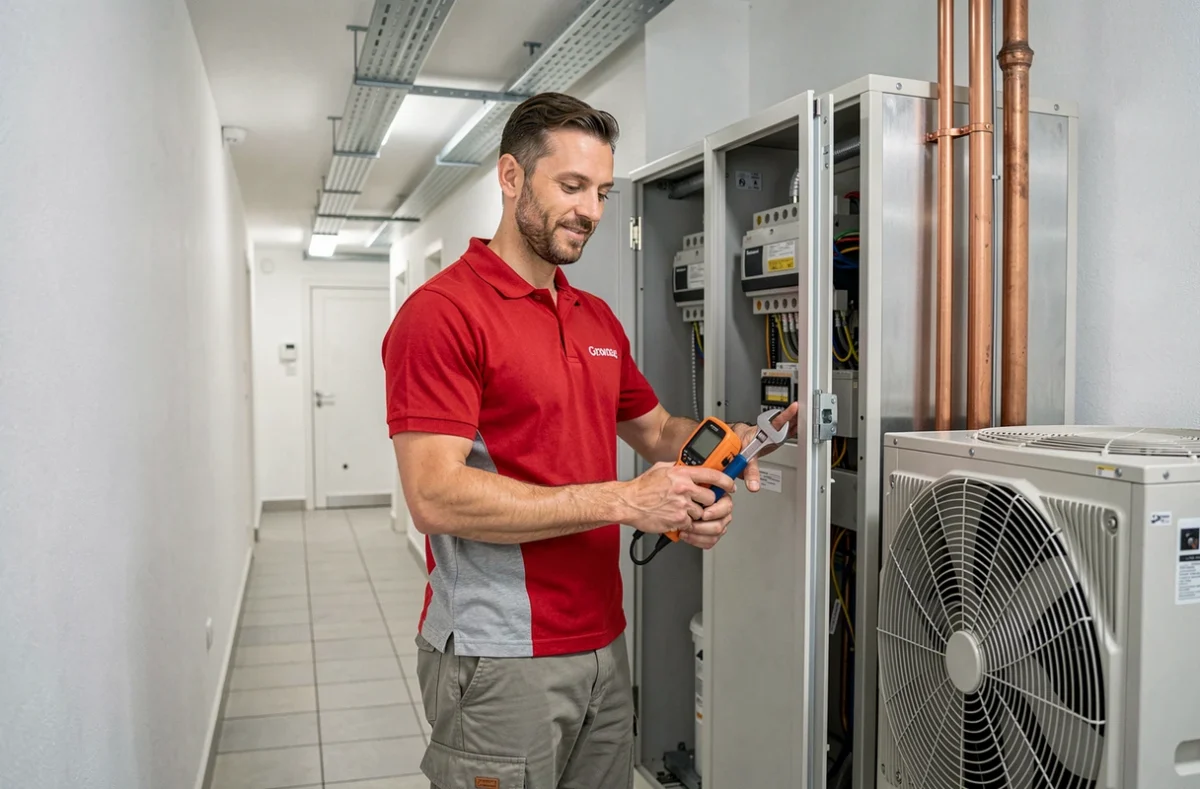 Technicien Mars Electric et Plomberie intervenant sur une installation multi-services de climatisation, électricité et plomberie dans un immeuble parisien