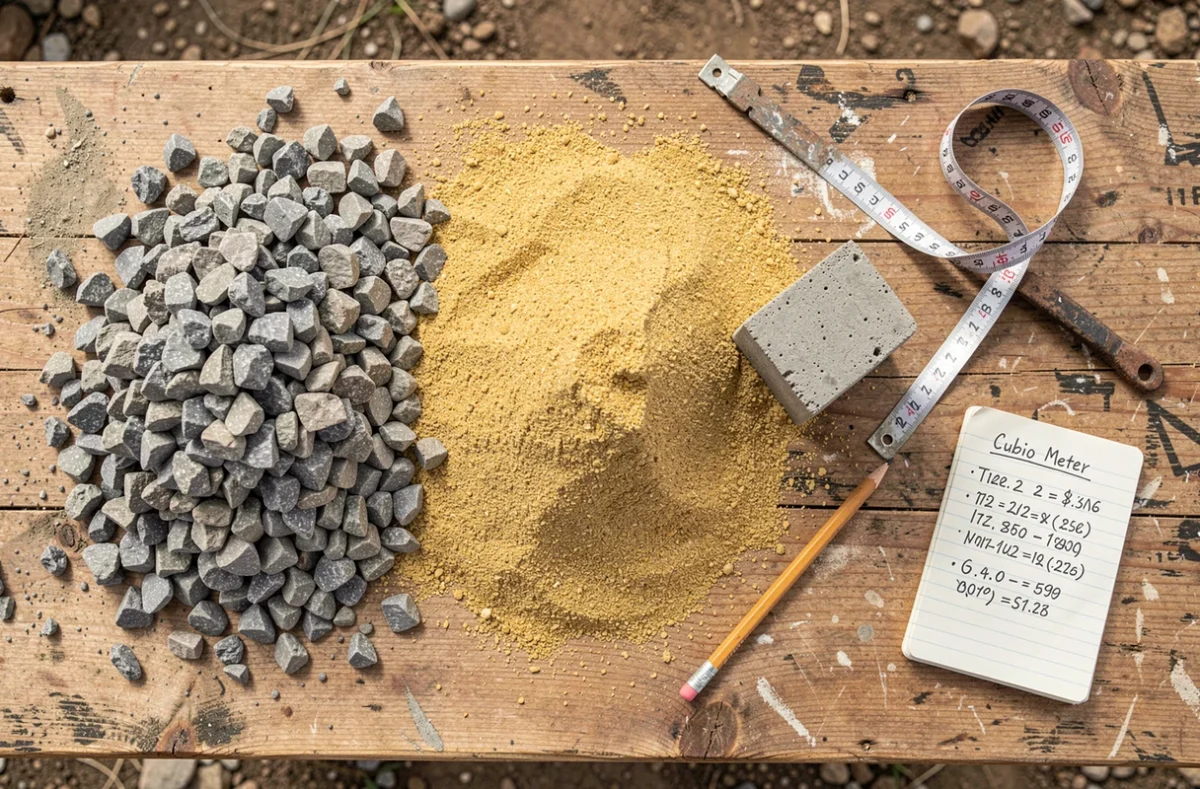 Vue de dessus des matériaux de construction béton gravier et sable avec calculs de mètres cubes
