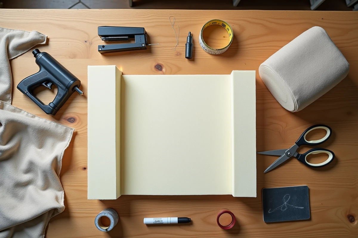 Vue de dessus des outils et matériaux nécessaires pour rembourrer l'assise d'un canapé, posés sur une table en bois