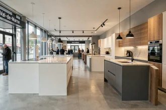 Vue panoramique d'un showroom de cuisinistes moderne dans le Val-de-Marne avec plusieurs expositions de cuisines équipées