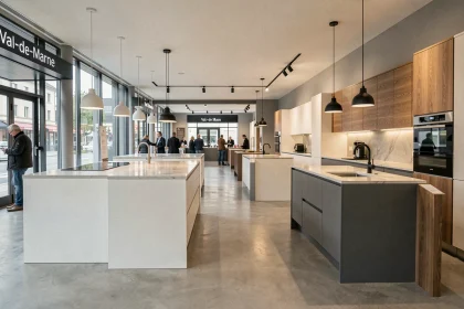 Vue panoramique d'un showroom de cuisinistes moderne dans le Val-de-Marne avec plusieurs expositions de cuisines équipées