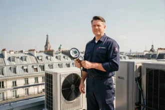 Technicien en climatisation sur un toit parisien avec des unités de climatisation et les toits haussmanniens en arrière-plan