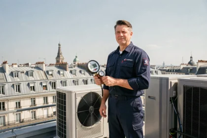 Technicien en climatisation sur un toit parisien avec des unités de climatisation et les toits haussmanniens en arrière-plan