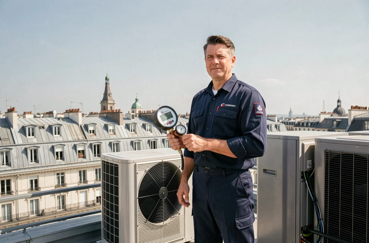 Technicien en climatisation sur un toit parisien avec des unités de climatisation et les toits haussmanniens en arrière-plan