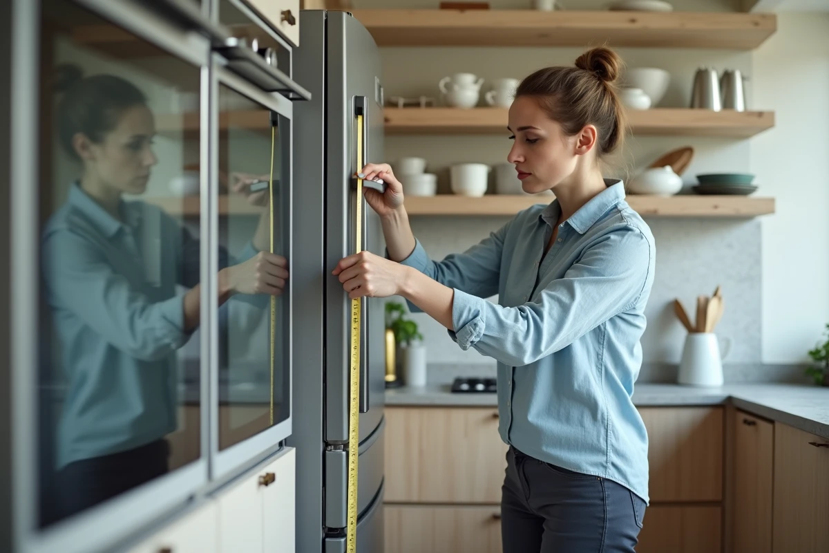 Femme mesurant l'espace entre le four et le réfrigérateur pour planifier l'isolation thermique