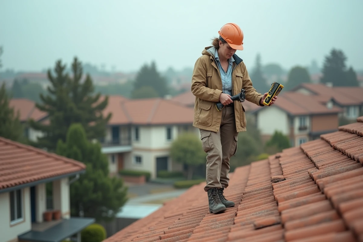 Entrepreneuse de toiture mesurant la pente d'un toit en tuiles sur une maison individuelle en zone résidentielle