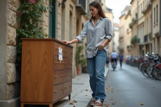 Femme inspectant une commode en bois posée sur un trottoir avec une pancarte 'gratuit' en ville