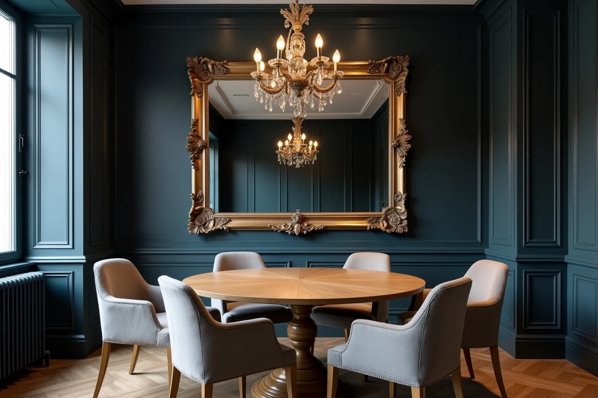 Grand miroir imposant accroché au-dessus de la table à manger dans une petite salle à manger, erreur de placement décoratif courante
