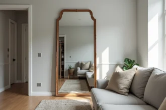 Miroir mal placé en face de la porte d'entrée dans un salon moderne, reflétant le désordre de l'entrée