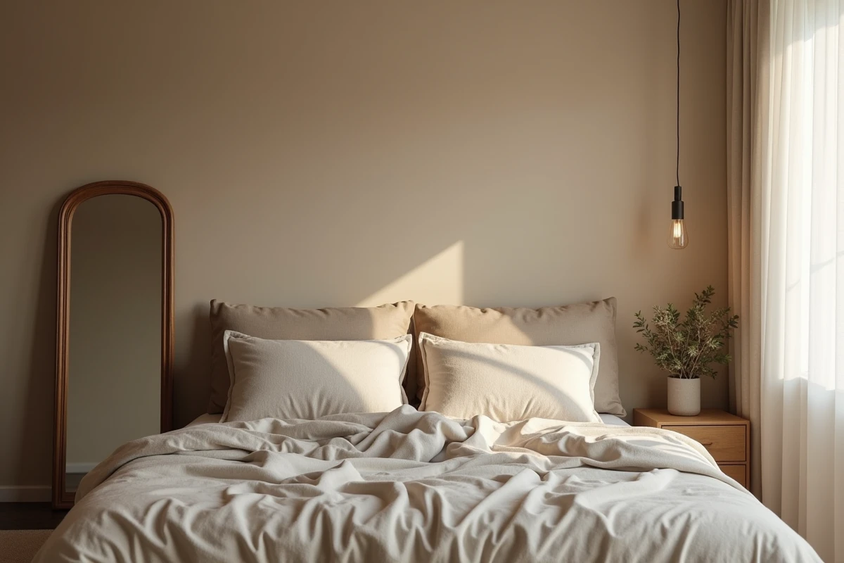 Miroir placé au pied du lit dans une chambre à coucher, position déconseillée selon les experts en décoration et feng shui