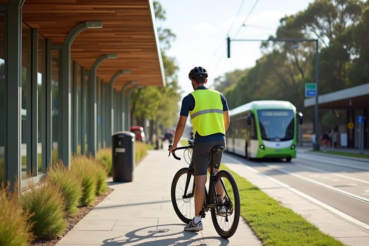 Jeune cycliste attachant son vélo dans un hub de mobilité durable avec bus électrique et tram en arrière-plan urbain