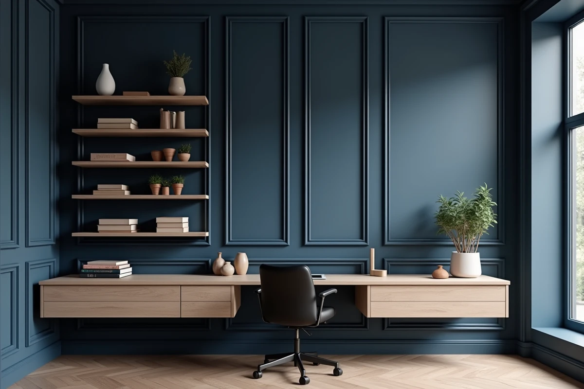 Bureau à domicile avec mur d'accent en lambris peint bleu marine foncé, étagères en chêne et objets décoratifs