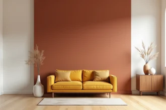 Salon moderne avec mur d'accent en terracotta profond contrastant avec des murs blancs et un parquet en chêne clair