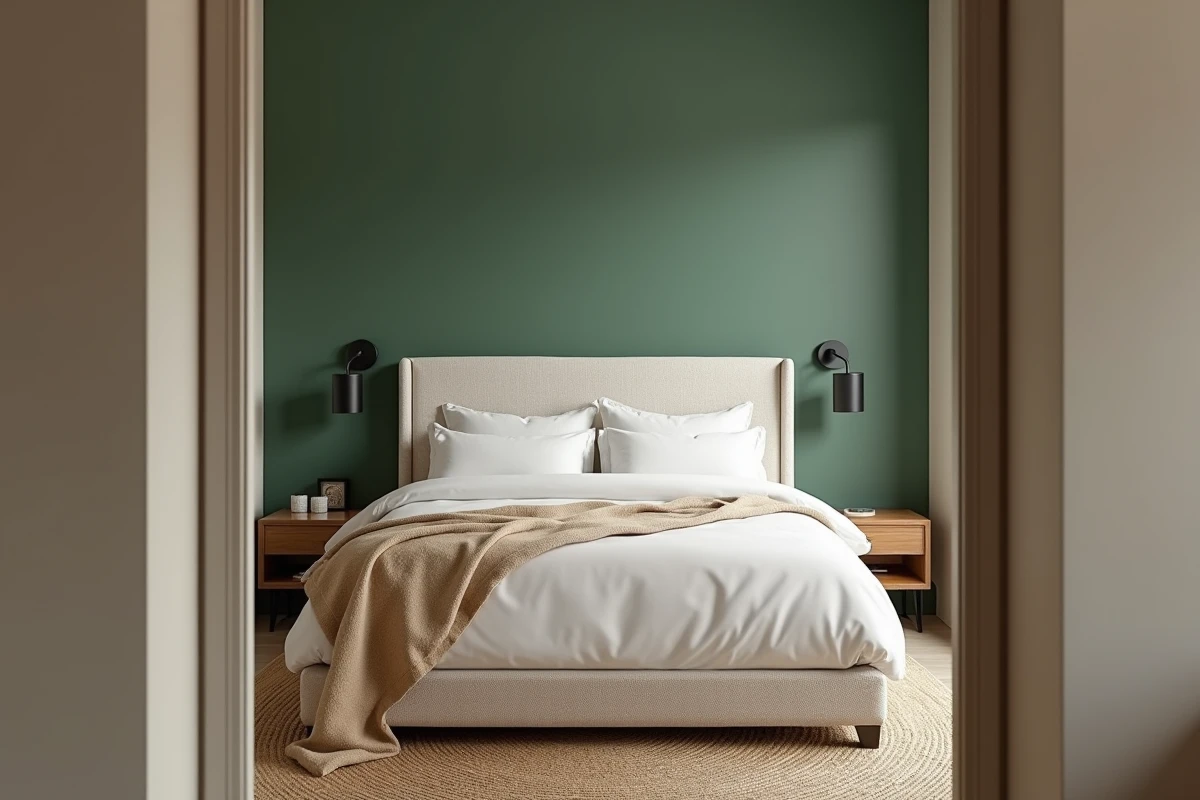 Chambre à coucher avec mur d'accent vert sauge derrière un lit king size en lin blanc et tête de lit en bouclé ivoire
