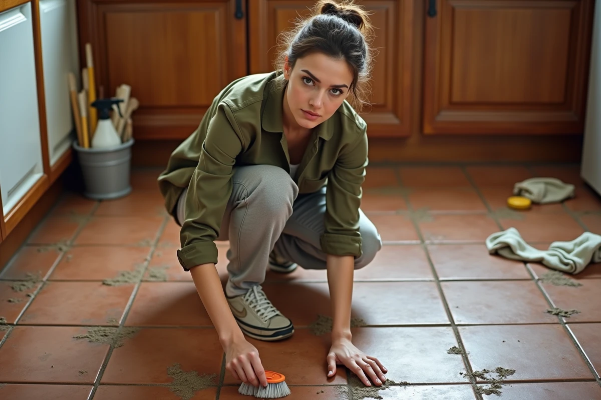 Femme nettoyant les joints d'un carrelage en terre cuite usé dans une cuisine avec une brosse à récurer