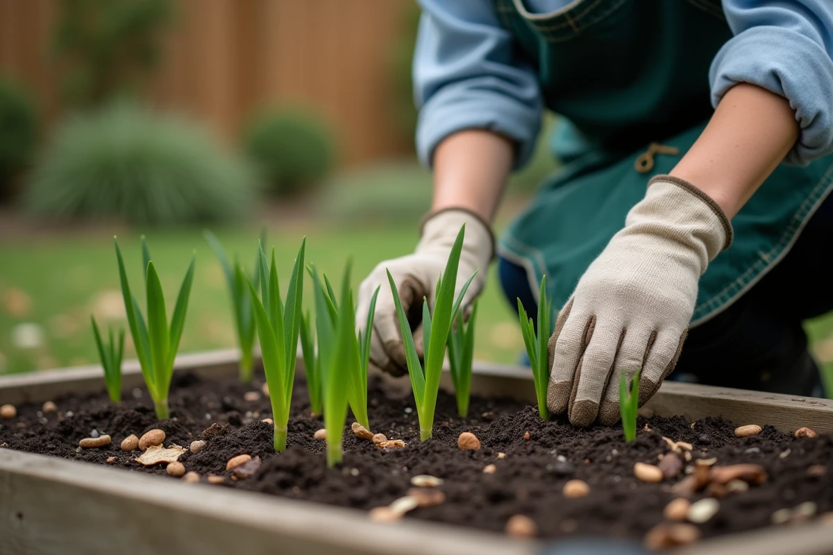 Femme qui fertilise des jeunes pousses de lys au printemps dans un jardin