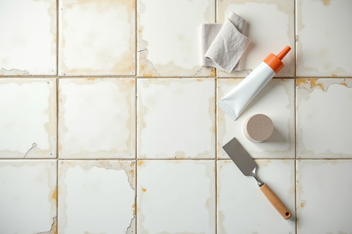 Vue aérienne des outils et produits pour remettre à neuf un carrelage ancien avec joints jaunes et surface abîmée