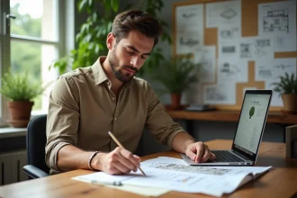 Paysagiste masculin analysant un devis paysager détaillé à son bureau avec des plans de jardin