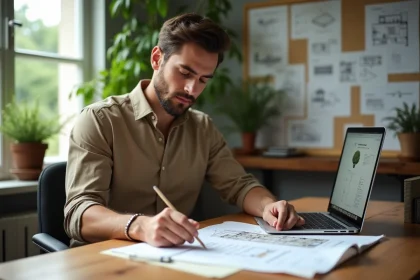 Paysagiste masculin analysant un devis paysager détaillé à son bureau avec des plans de jardin