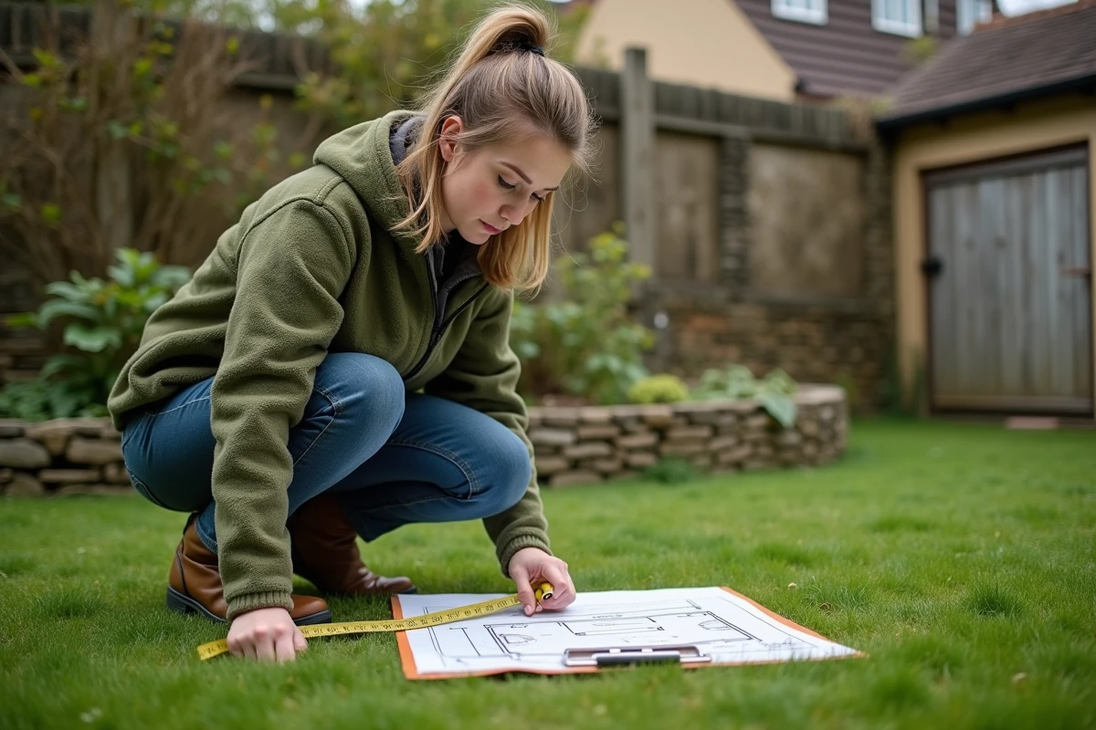 Paysagiste femme mesurant un jardin résidentiel pour établir un devis précis