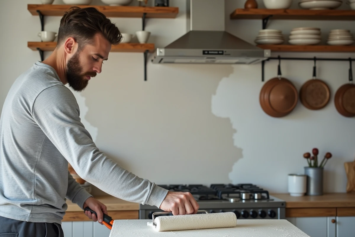 Homme appliquant une peinture effet pierre sur un carrelage mural ancien dans une cuisine