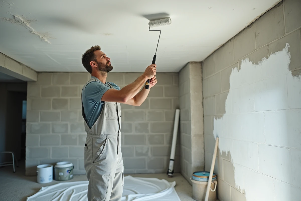 Personne peignant un plafond de sous-sol en blanc avec un rouleau à long manche pour améliorer la luminosité