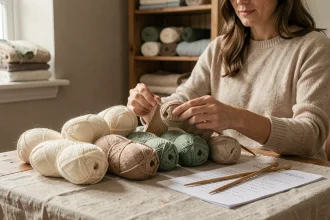 Femme débutante en tricot comptant des pelotes de laine pour tricoter un pull taille 44