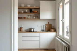 Petite cuisine moderne blanche dans un appartement parisien avec plan de travail en bois et étagères ouvertes