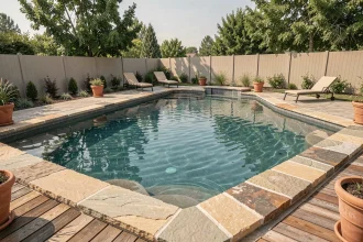 Piscine en béton enterrée avec margelles en pierre naturelle et terrasse en bois dans un jardin résidentiel