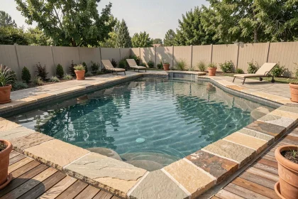 Piscine en béton enterrée avec margelles en pierre naturelle et terrasse en bois dans un jardin résidentiel