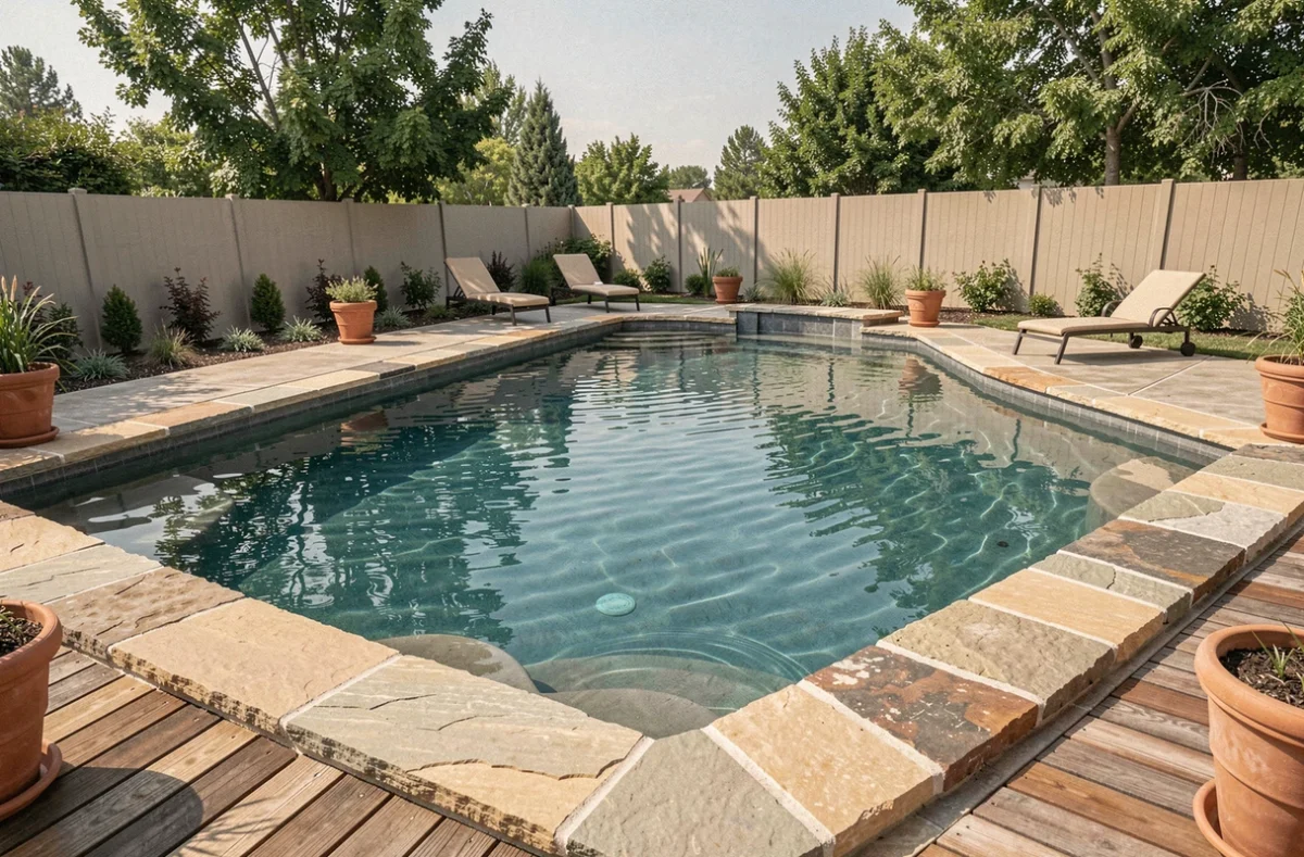 Piscine en béton enterrée avec margelles en pierre naturelle et terrasse en bois dans un jardin résidentiel
