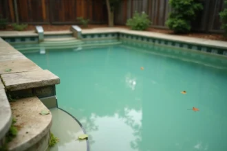 Piscine extérieure avec eau trouble et verdâtre nécessitant un traitement de clarification