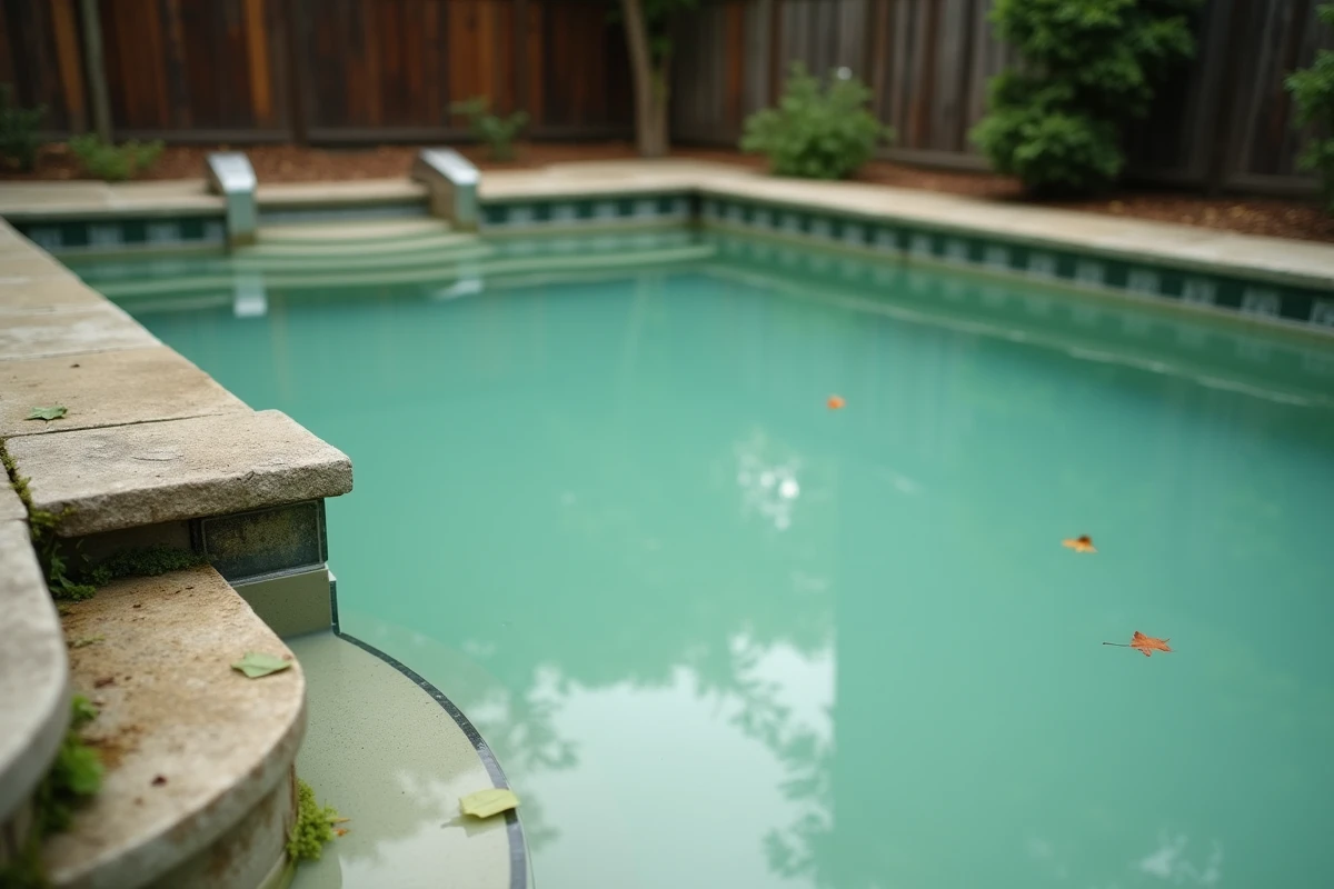 Piscine extérieure avec eau trouble et verdâtre nécessitant un traitement de clarification