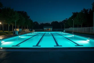 Piscine publique extérieure vide la nuit avec éclairage subaquatique LED et reflets sur l'eau calme