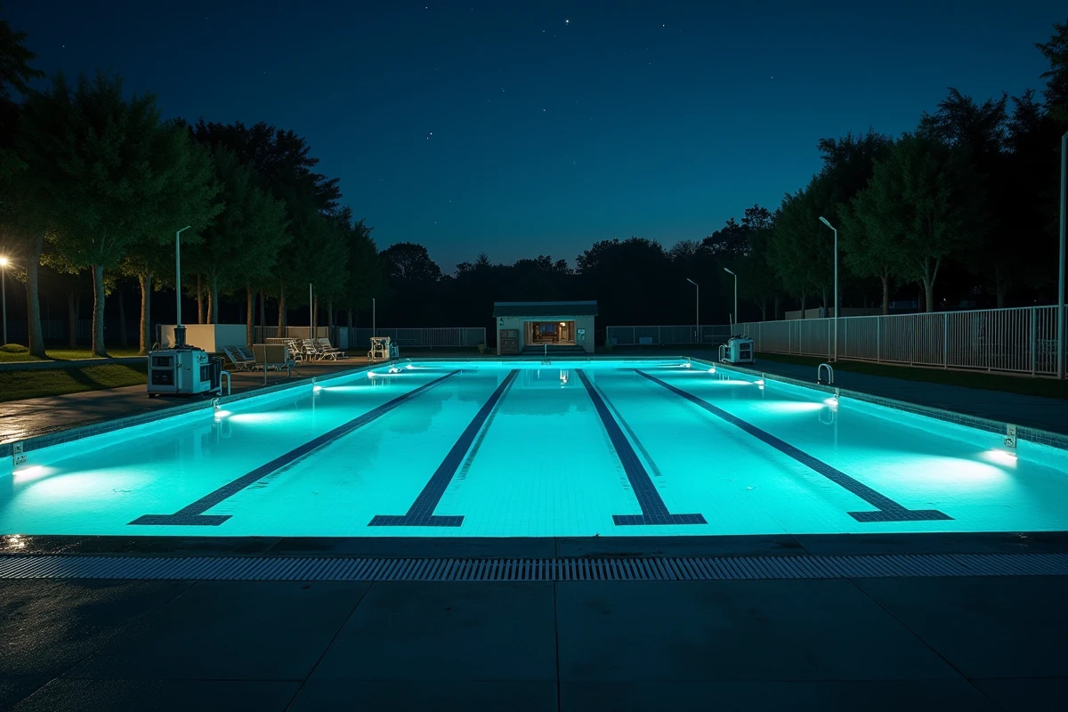 Piscine publique extérieure vide la nuit avec éclairage subaquatique LED et reflets sur l'eau calme