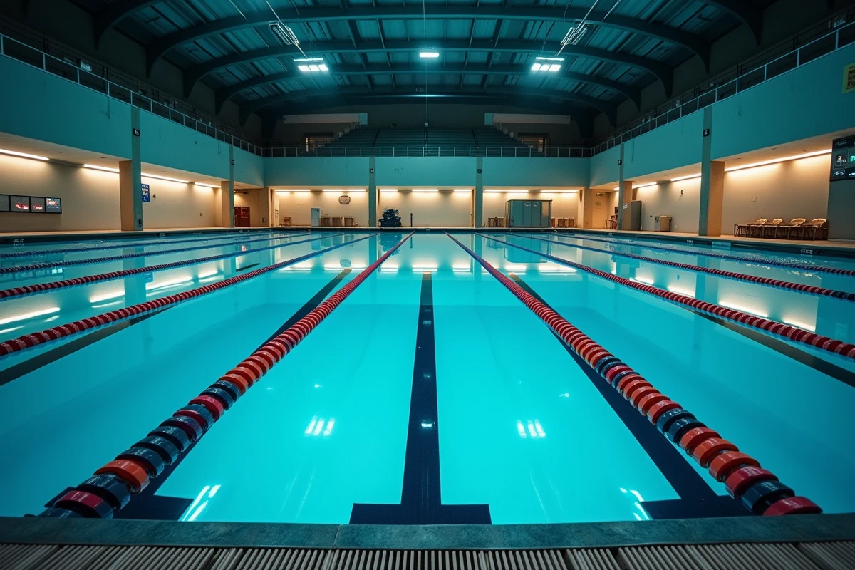Vue en hauteur d'une piscine olympique intérieure vide la nuit avec équipements de filtration automatisés visibles