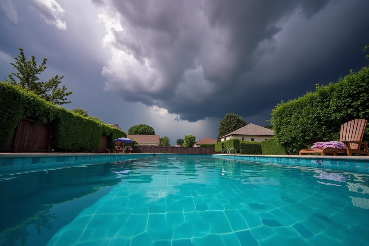 Piscine résidentielle avec ciel d'orage menaçant et nuages sombres reflétés dans l'eau turquoise