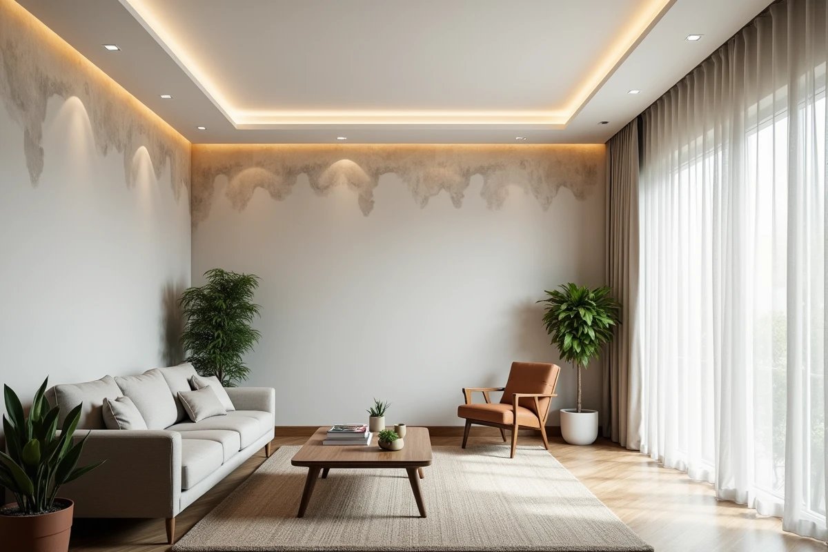 Salon rénové avec un plafond tendu blanc dissimulant un ancien plafond dégradé, effet avant-après