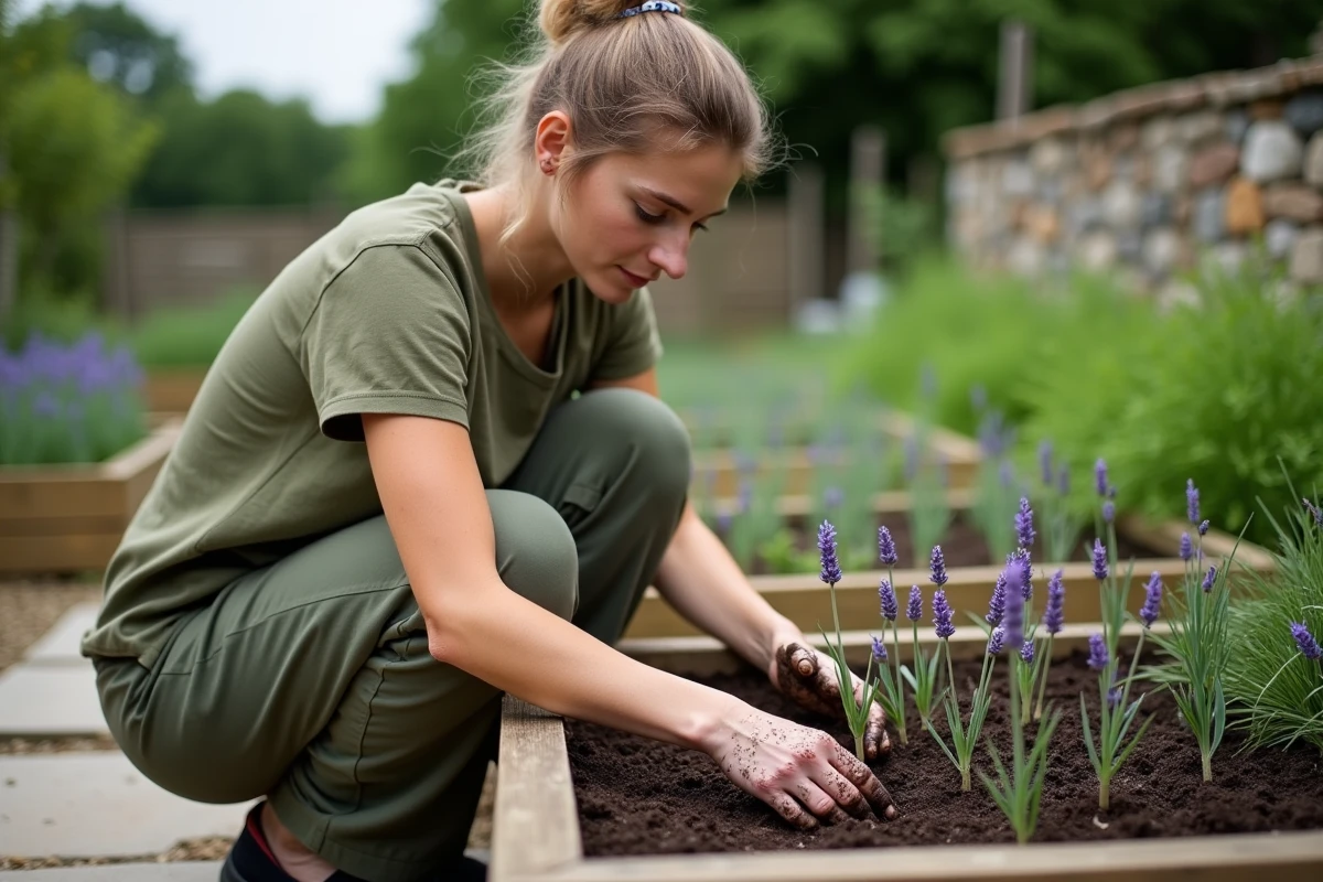 Jeune femme plantant des plants de lavande dans un potager surélevé au jardin