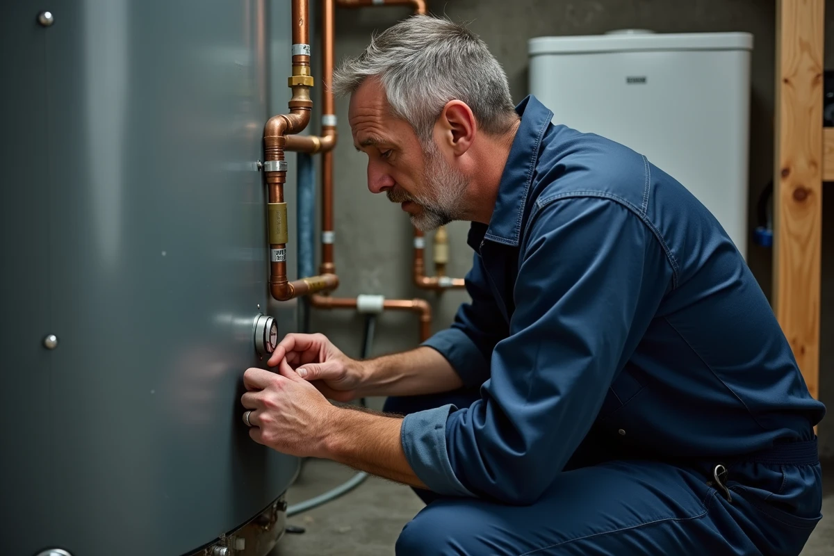 Plombier en uniforme bleu réglant le thermostat d'un ballon d'eau chaude dans une chaufferie