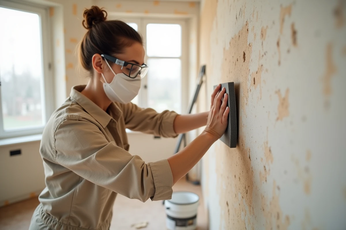 Femme utilisant une cale à poncer manuelle pour lisser un mur en plâtre irrégulier