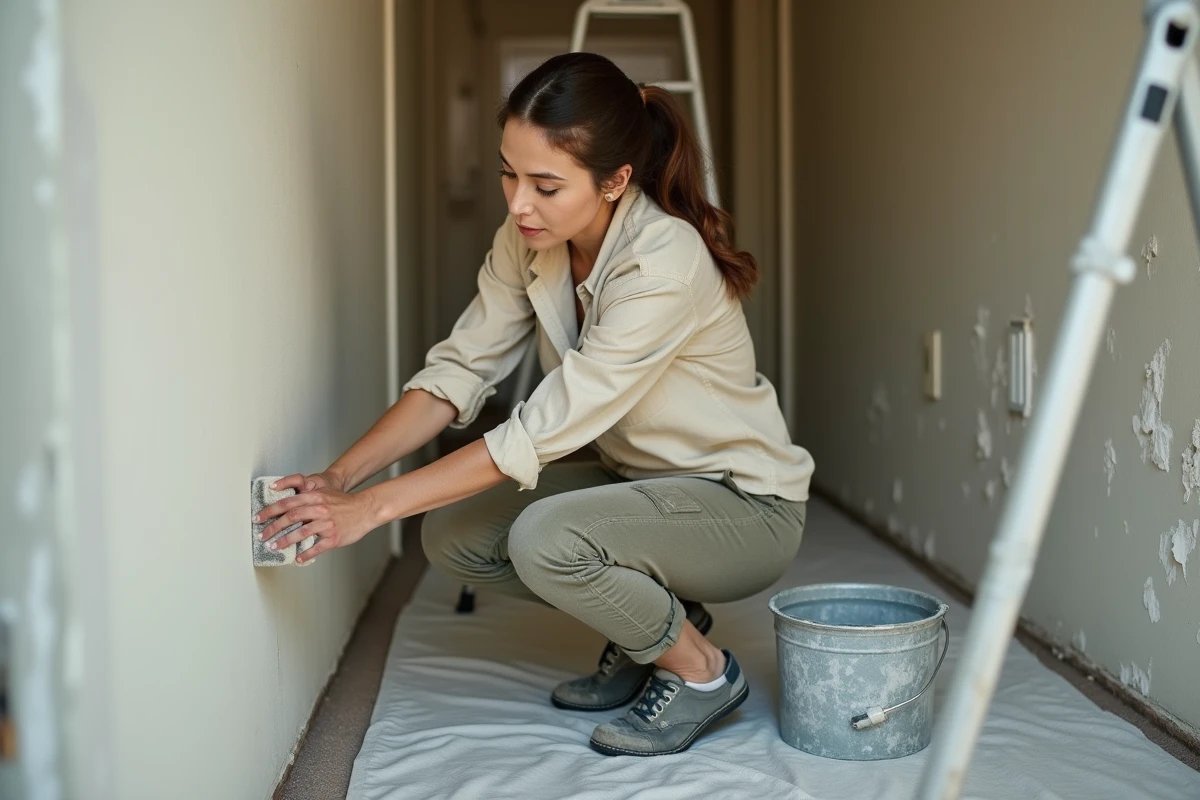 Femme ponçant un mur peint à l'éponge abrasive dans un couloir d'appartement en cours de rénovation