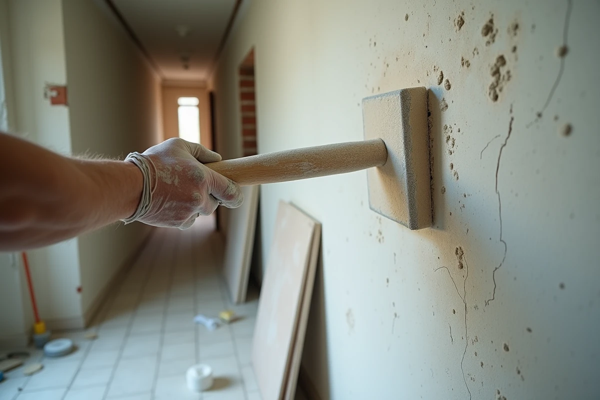Gros plan sur un mur irrégulier en cours de ponçage avec une perche télescopique dans un couloir en rénovation