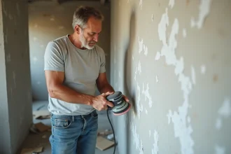 Homme ponçant un mur irrégulier avec une ponceuse orbitale dans une pièce en rénovation